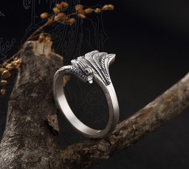 Real 990 Fine Silver Handmade Engrave Peacock Finger Ring Vulcanized Thai Silver - แหวนทั่วไป - เงินแท้ สีเงิน