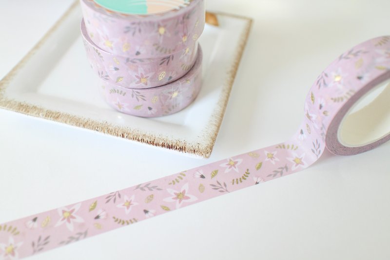 Gold foil paper tape - purple flowers - มาสกิ้งเทป - กระดาษ 