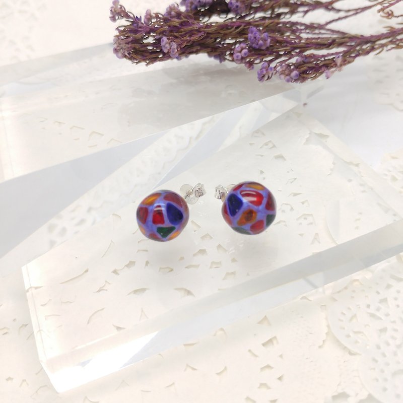 10mm玻璃彩繪純銀耳環 - 紫色線 彩色 - 耳環/耳夾 - 玻璃 多色