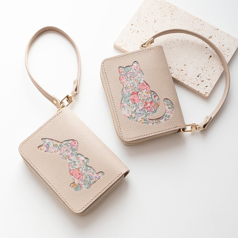 鈔票免折疊短夾 Liberty花布貓咪兔子 真皮迷你錢包 HW51K - 銀包 - 真皮 咖啡色