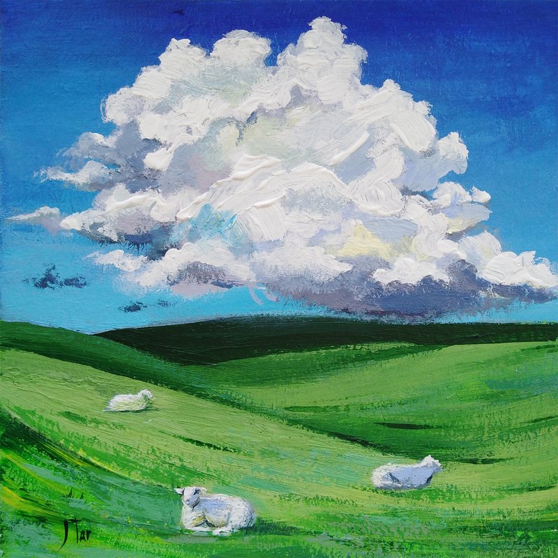 Original Painting Tuscany Landscape Sheep Field Green Hills Cloudy Sky Wall Art - Wall Décor - Other Materials Green