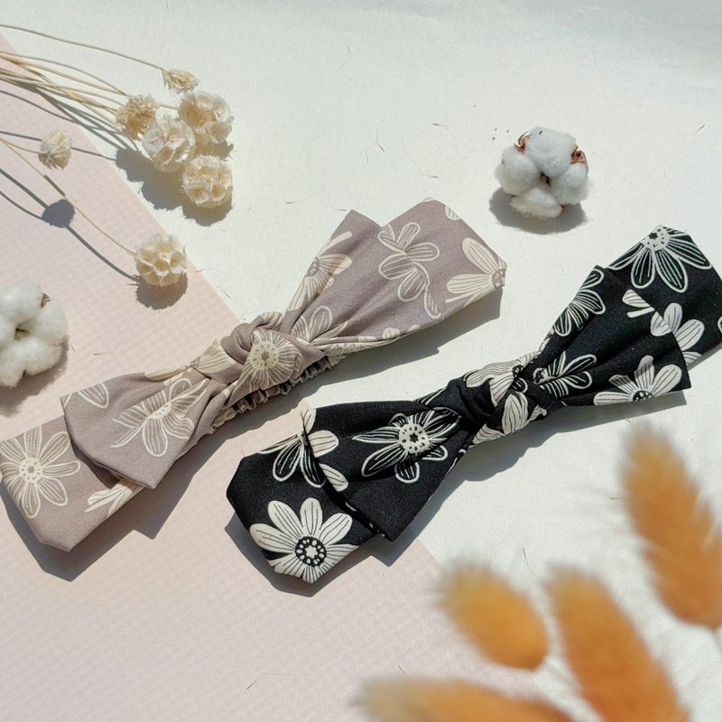 【巧妙藝手】日系線條花花 手作蝴蝶結髮帶 - 髮箍/髮帶 - 棉．麻 多色