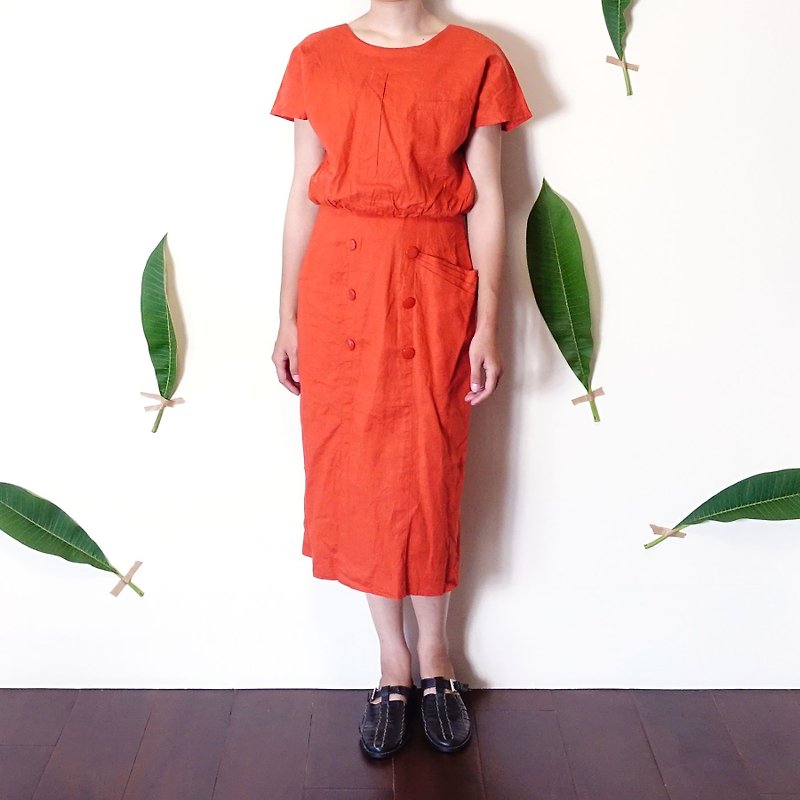 BajuTua/古著/暗橘棉麻 素色直筒連身裙 - 連身裙 - 棉．麻 橘色