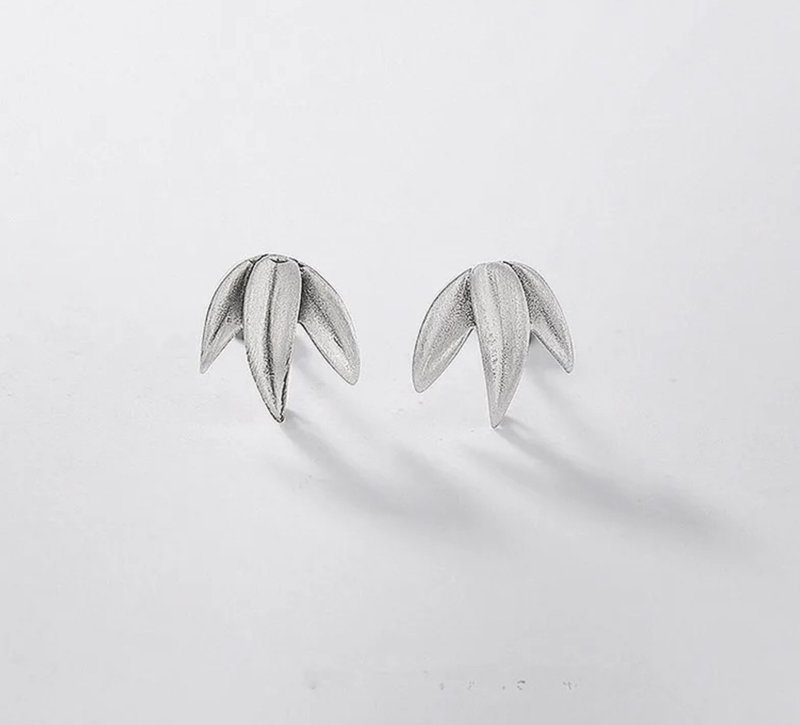 Chinese Wind Panda's Favorite Bamboo Leaf Studs Unisex MINI Stud Earrings Rings - ต่างหู - เงินแท้ สีเงิน