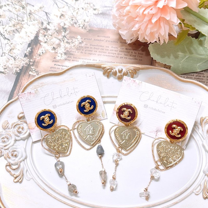 2way Japanese hand-dyed button natural stone tassel earrings Clip-On 925/14KGF earrings - ต่างหู - เรซิน สีน้ำเงิน