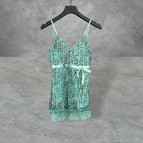 蘿綺莉蕾芭索 藍綠咖 雙層 外薄紗 印花 拼接 緞帶 蕾絲 彈性 背心 PF424