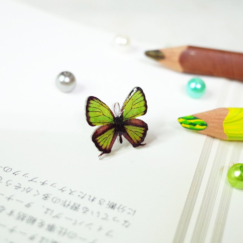 臺灣特有種 西風翠灰蝶 醫療鋼耳骨夾 繪畫耳環 - 耳環/耳夾/耳骨夾 - 防水材質 綠色
