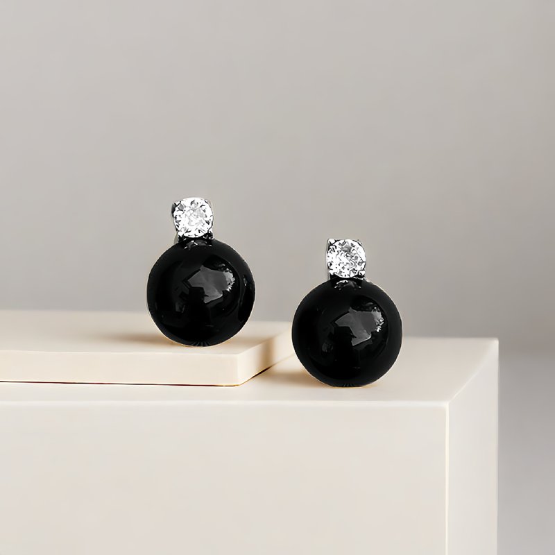 POGO Silver Stone black onyx earrings S925 Silver silver platinum plated/ Stone/black onyx - Earrings & Clip-ons - Other Materials 