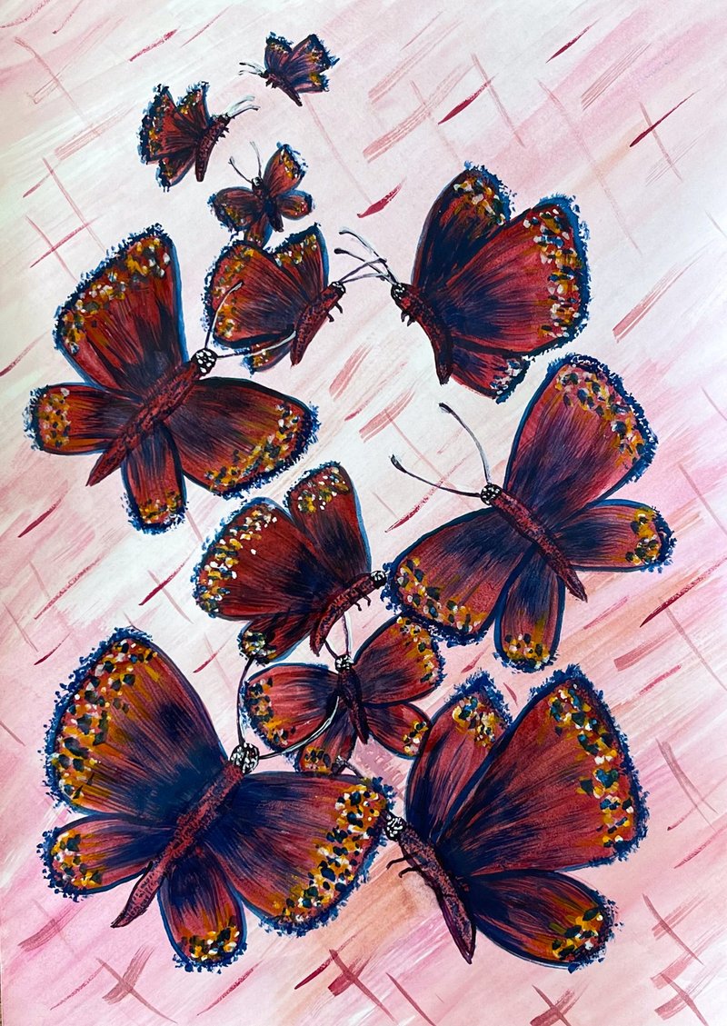 Dancing butterflies on a pink background. Watercolor. - ตกแต่งผนัง - กระดาษ 