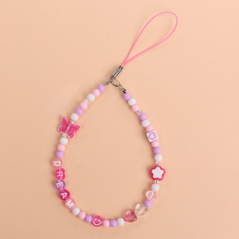 Cute pink and purple beaded mobile phone chain with customizable letters - เชือก/สายคล้อง - อะคริลิค สึชมพู