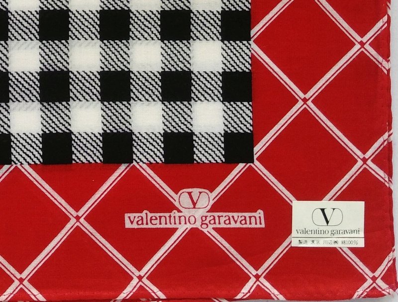 Valentino Garavani Vintage Handkerchief Women Handkerchief Plaid 19 x 19 inches - 絲巾 - 棉．麻 紅色