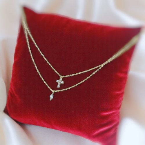 Giftest Jewelry 禮悟 Giftest 純銀鍍18K金/十架主權 可洗澡基督教雙層十字架項鍊N98
