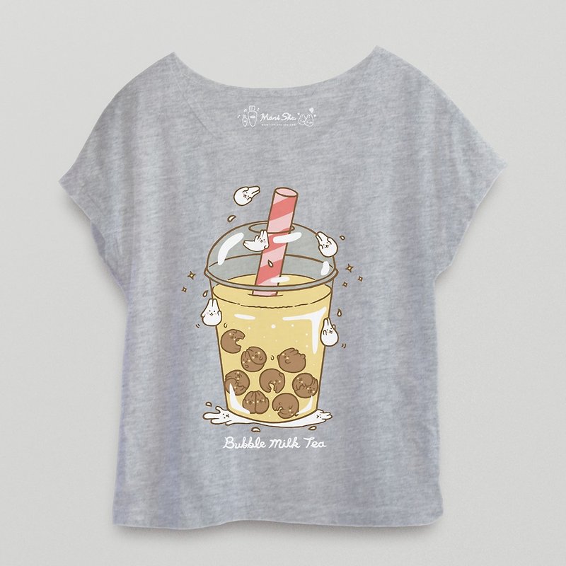 Mochi Rabbit bubble milk tea T-shirt - กางเกงขาสั้น - ผ้าฝ้าย/ผ้าลินิน สีเทา