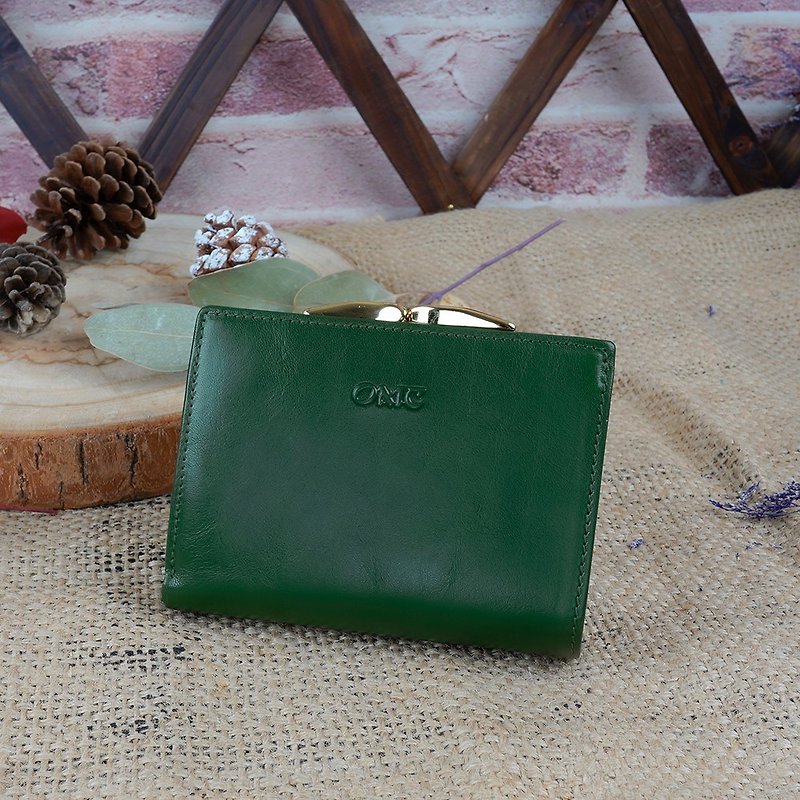 Italian vegetable tanned leather mouth gold clip frame coin purse cowhide short clip 95168 (green) - กระเป๋าสตางค์ - หนังแท้ สีเขียว