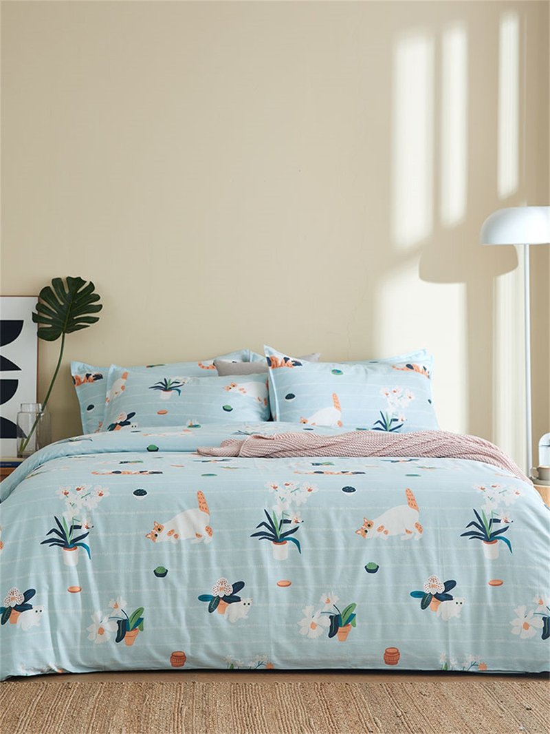 Orchid Meow Pillowcase + Quilt Cover Two-Piece Set Single Double Original Hand-painted Cat 40 Cotton Bed Bags Purchased Separately - เครื่องนอน - ผ้าฝ้าย/ผ้าลินิน สีน้ำเงิน