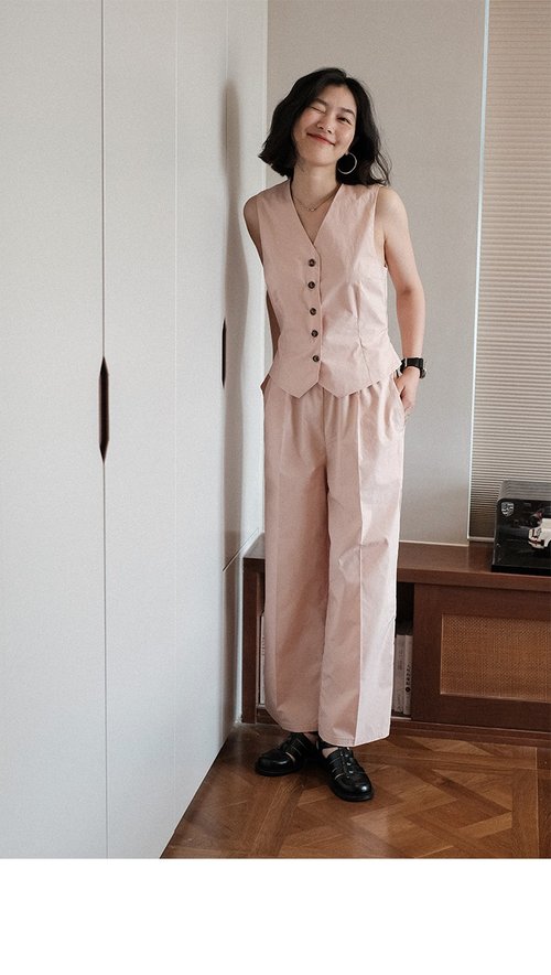 與她 With her 薄款純色棉亞麻質感純色寬松休閒九分闊腿褲