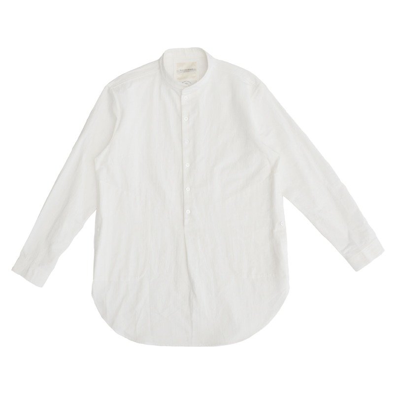 chino collar stand-long white shirt - Men's Shirts - Cotton & Hemp White