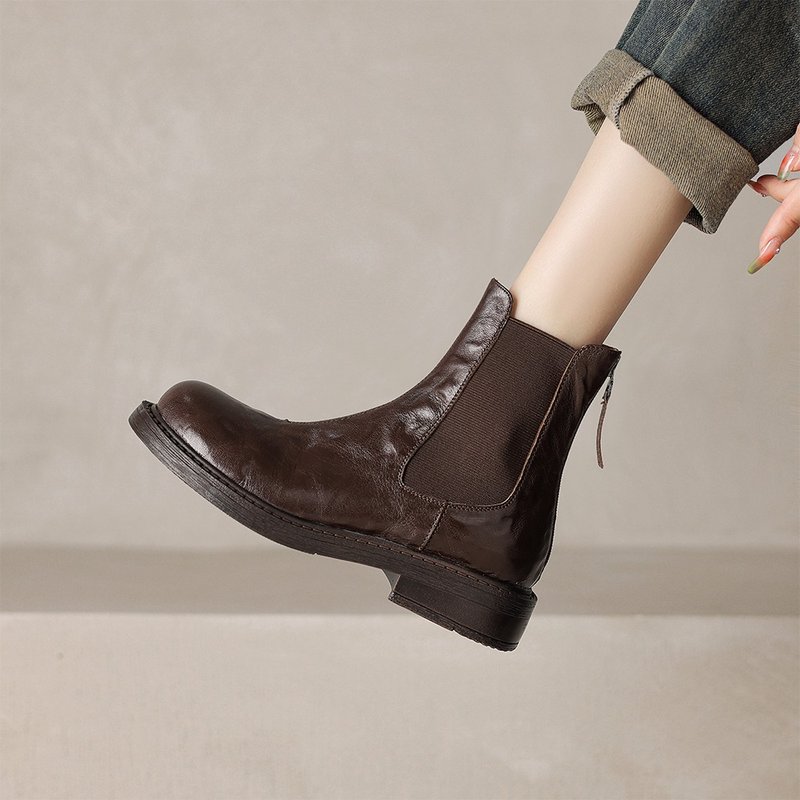 Chelsea boots vintage round toe ankle boots elastic - รองเท้าบูทสั้นผู้หญิง - หนังแท้ สีดำ