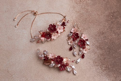 Kamael Shine Rose gold pink burgundy flower jewelry set, Wedding earrings, Bridal hair clip