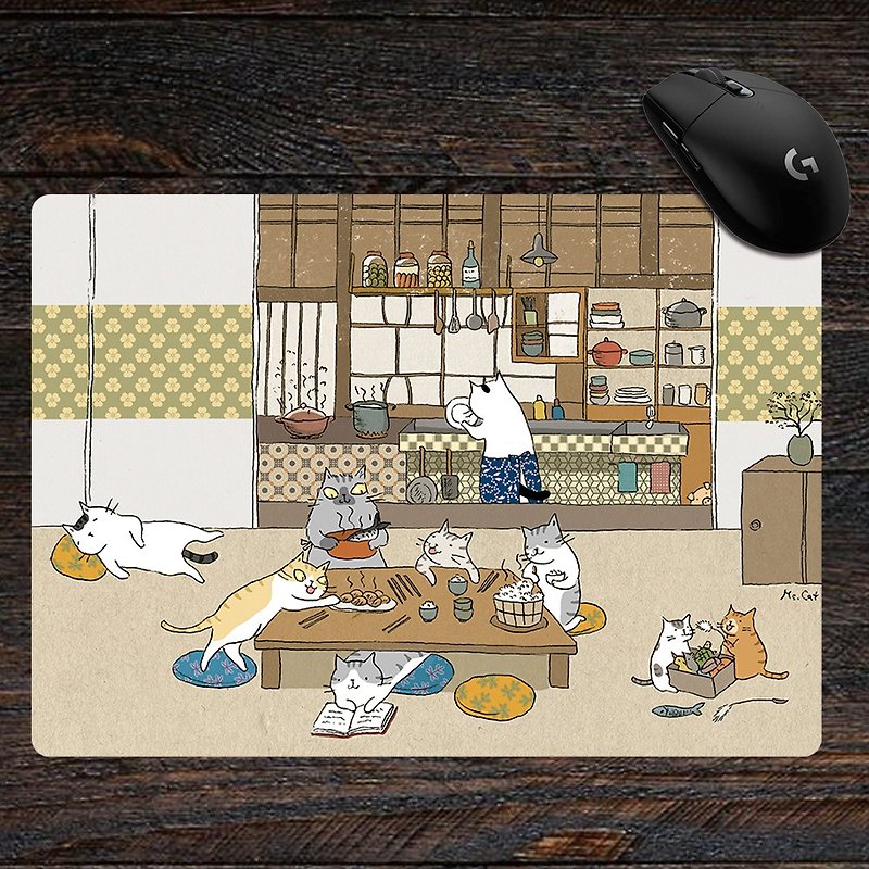 3貓小舖~貓一家的晚餐滑鼠墊(插畫家:貓小姐) - 滑鼠墊 - 聚酯纖維 多色