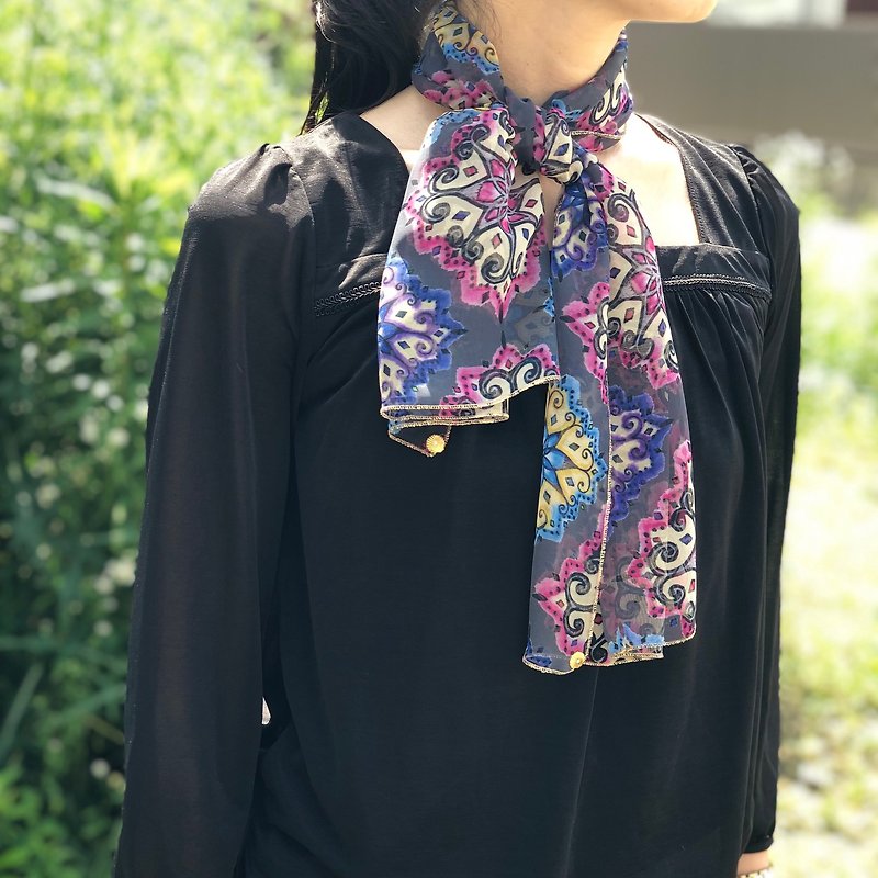 Ballett A stylish chiffon mini scarf with a unique ethnic pattern Gray Made in Japan Can be washed at home