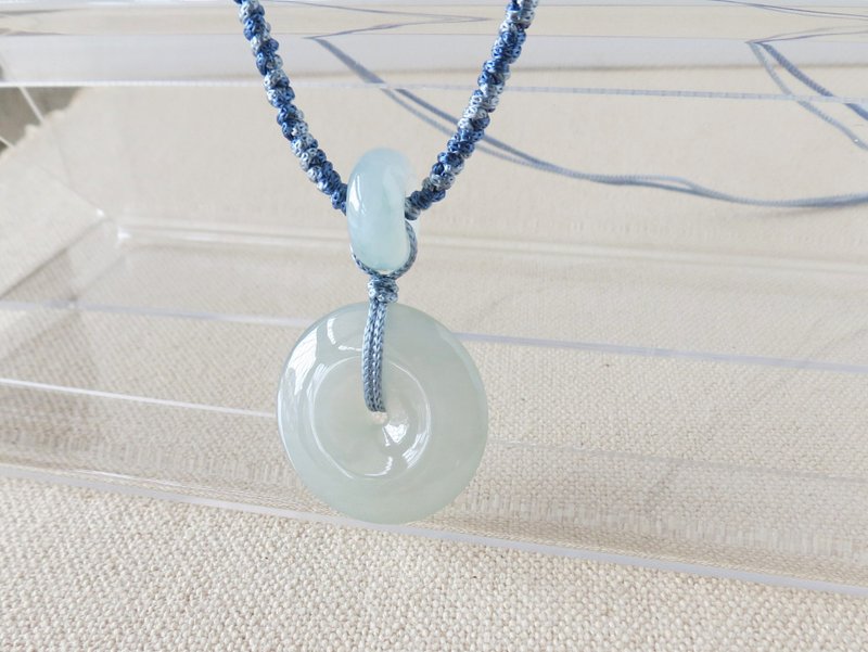 Natal Year [Everlasting Peace] Icy Jade Light Blue Ping An Kou Fei Cui Silk-Braided Necklace SA10 Bringing Good Fortune and Wealth - สร้อยคอยาว - เครื่องเพชรพลอย สีน้ำเงิน