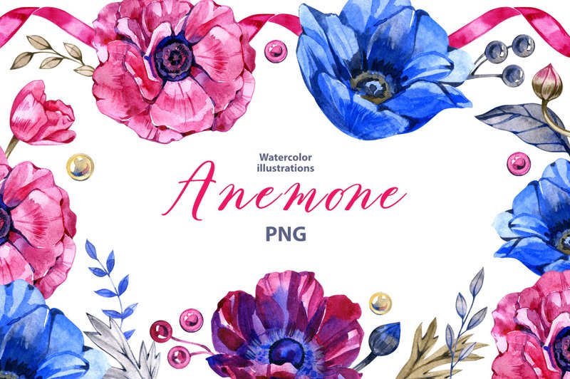 Watercolor Anemone clipart set, 21 Png, floral Clipart, spring clipart - Logo 設計/圖案設計 - 其他材質 