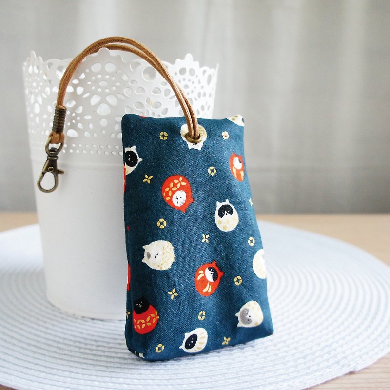 Lovely [Japanese cloth] cat tumbler stereo tea bag zipper key case, ID sensor card, blue - ที่ห้อยกุญแจ - ผ้าฝ้าย/ผ้าลินิน สีน้ำเงิน