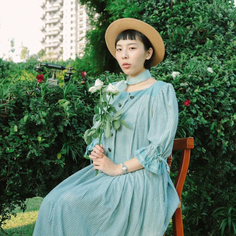 Tsubasa.Y│巴伐利亞洋裝023,灰藍色 七分袖 連身裙 - 連身裙 - 棉．麻 藍色