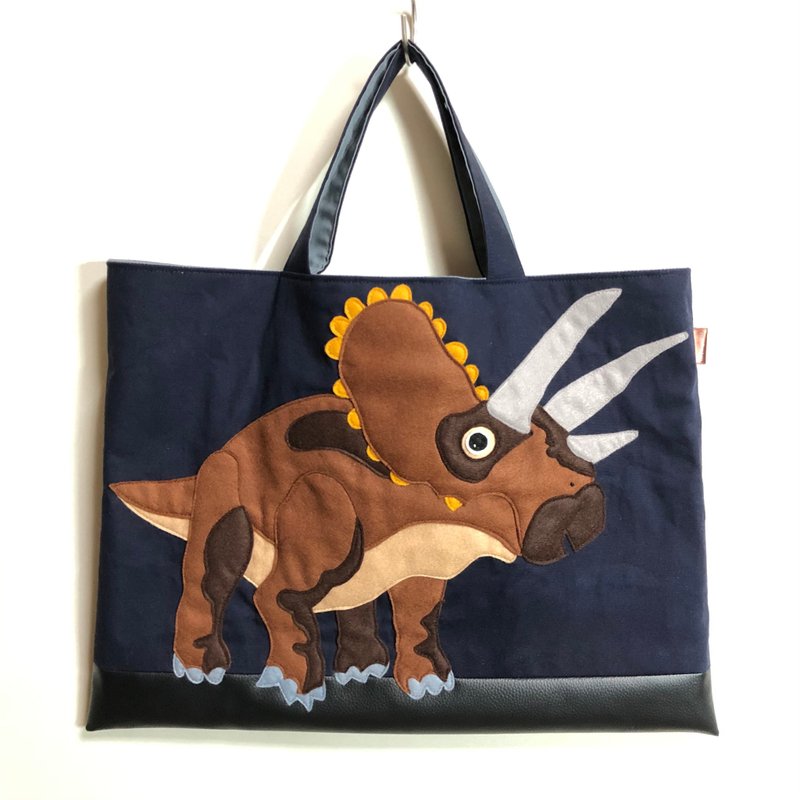 絵本バッグ　恐竜トリケラトプス　紺オックス　合皮付き - 其他 - 棉．麻 黑色