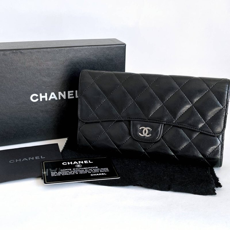 【LA LUNE】中古二手Chanel黑色羊皮長銀錢包側斜背孭長夾手袋WOC - 側背包/斜背包 - 真皮 黑色