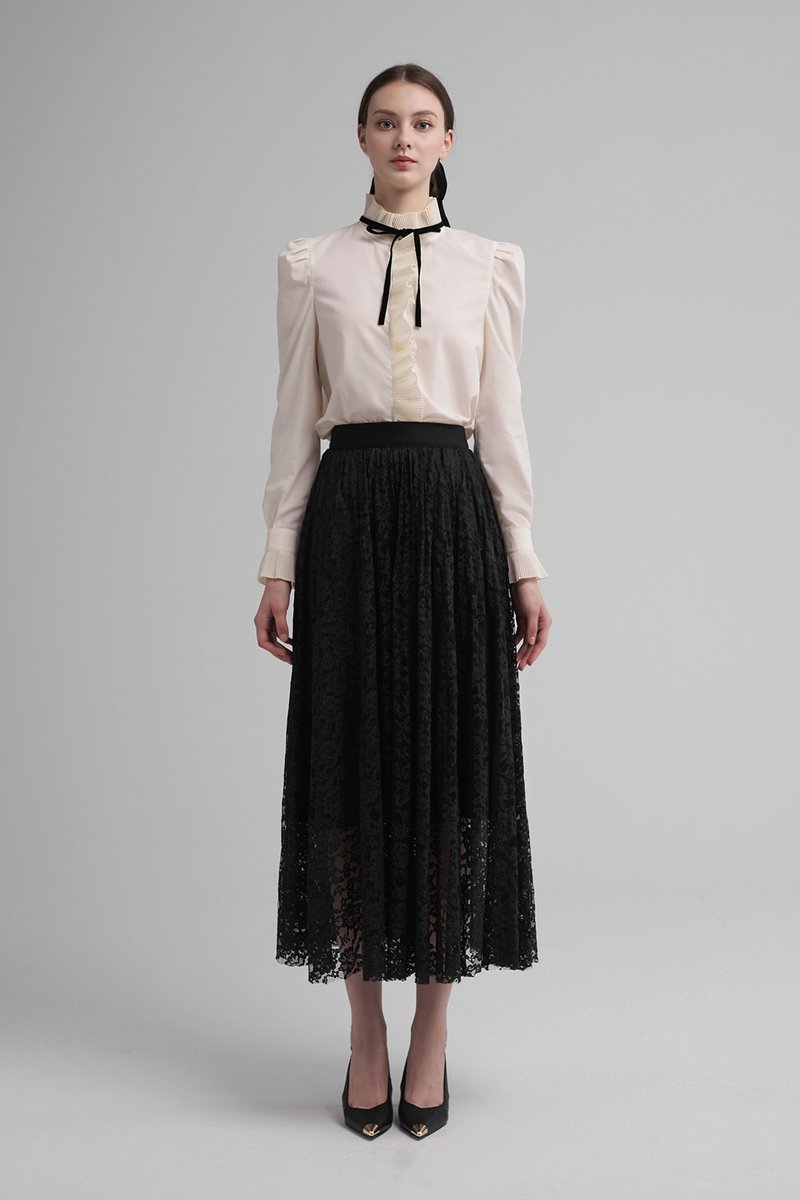 Laetitia法式蕾絲百搭優雅壓摺裙(黑) - 裙子/長裙 - 其他人造纖維 黑色