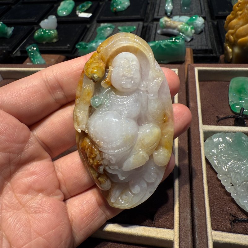 瀚玉珠寶 天然A貨翡翠 老三彩彌勒佛 佛公 笑口常開 黃加綠 天然 - 其他 - 玉石 
