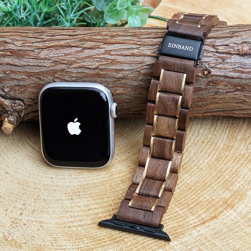 [Wooden Band] EINBAND Apple Watch Natural Wood Band Wooden Strap 20mm [Walnut x Gold] - Women's Watches - Wood Brown