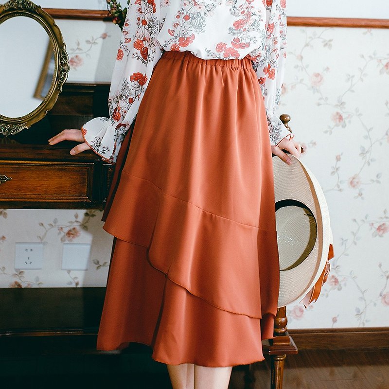 [full sling] women's spring wear elastic waist solid color cake skirt YGC9045 - กระโปรง - เส้นใยสังเคราะห์ สีส้ม