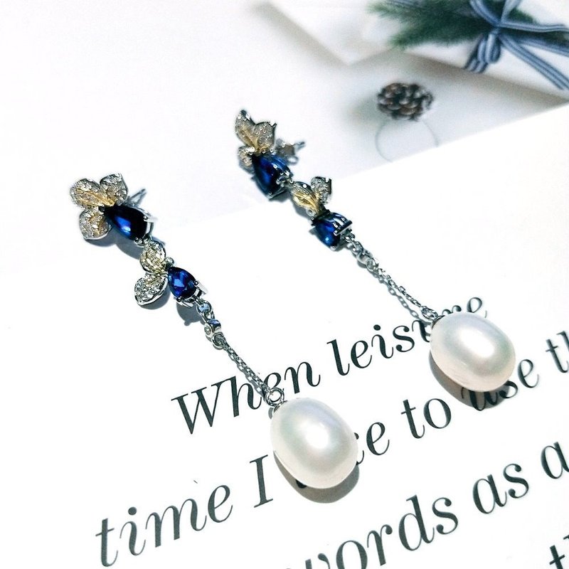 I JEWELRY Chinese Style Small Flower Top-Grade Zirconia Simulated Sapphire Pearl Sterling Silver Earrings with Sterling Silver Authenticity Card - ต่างหู - เงินแท้ สีเงิน