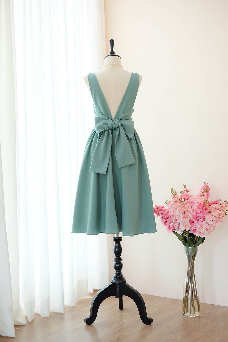 Dark Sage Green Dress Prom Dress Bridesmaid Dress Cocktail Backless Mid length - Evening Dresses & Gowns - Polyester Green