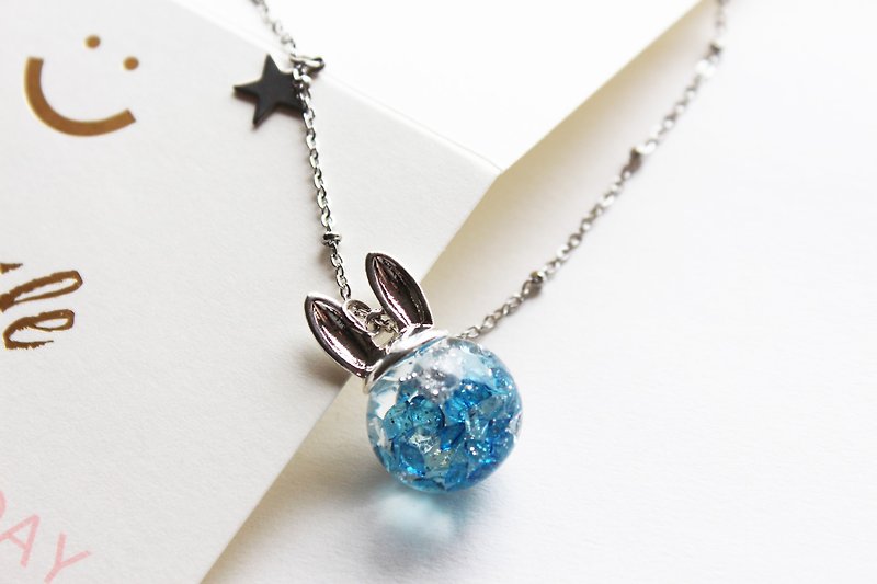 Rosy Garden 小兔子深藍色水晶流動玻璃球項鍊 銀色鍊 - 頸圈項鍊 - 玻璃 藍色