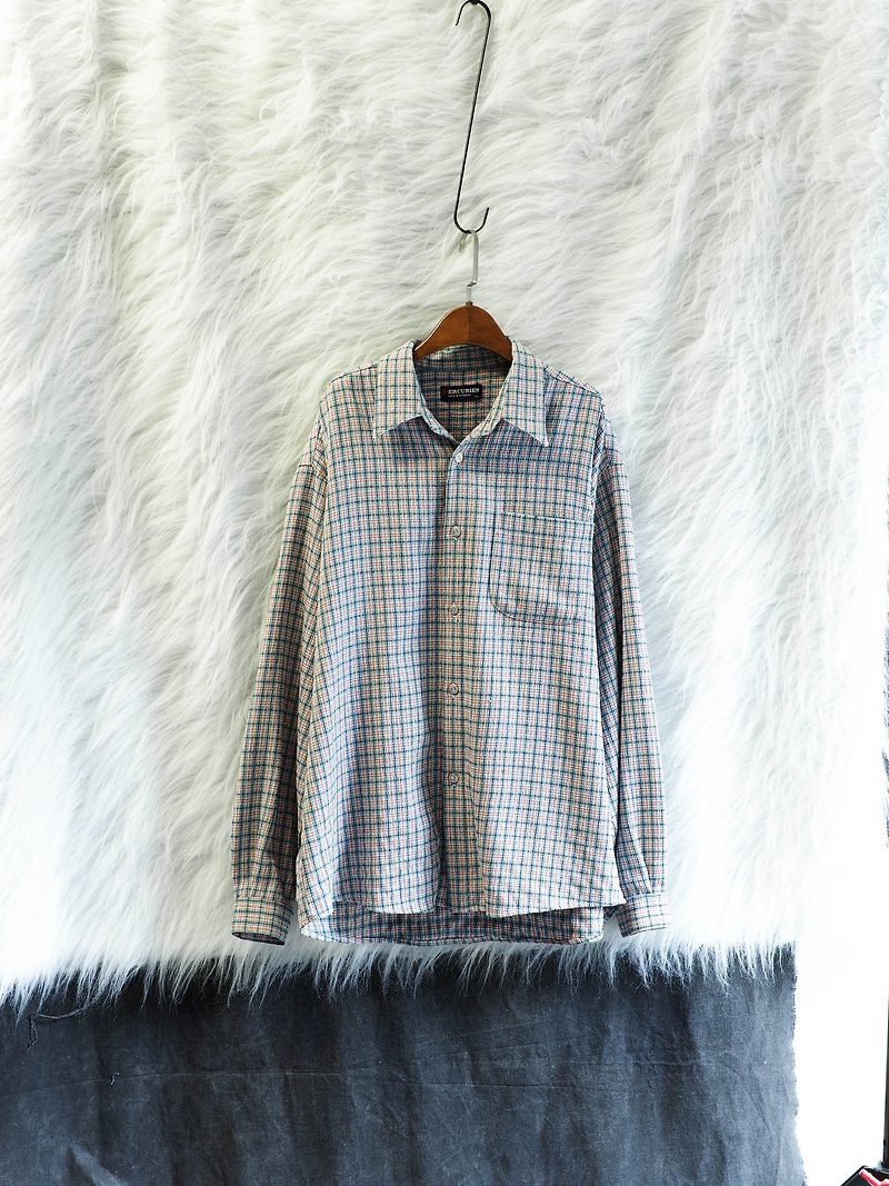 Aomori Orange Blue Fine Plaid Green Spring and Antique Cotton Shirt Top Jacket Vintage - Women's Shirts - Polyester Blue