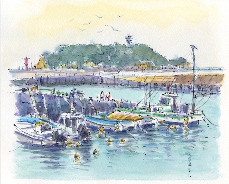 Watercolor painting Kamakura honey-over fishing port 16 - โปสเตอร์ - กระดาษ สีน้ำเงิน