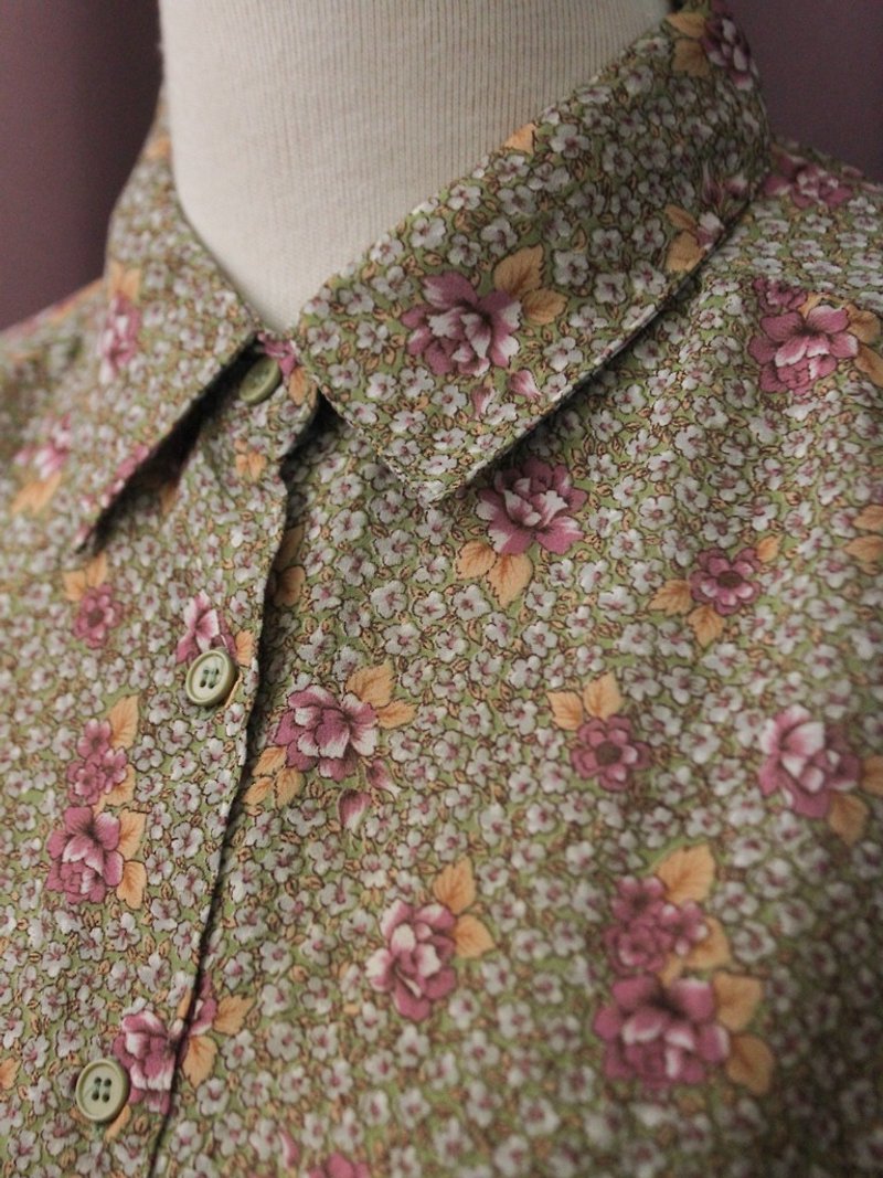 Vintage elegant adult sense small flower floral olive green long sleeve vintage shirt Vintage Blouse - Women's Shirts - Polyester Green