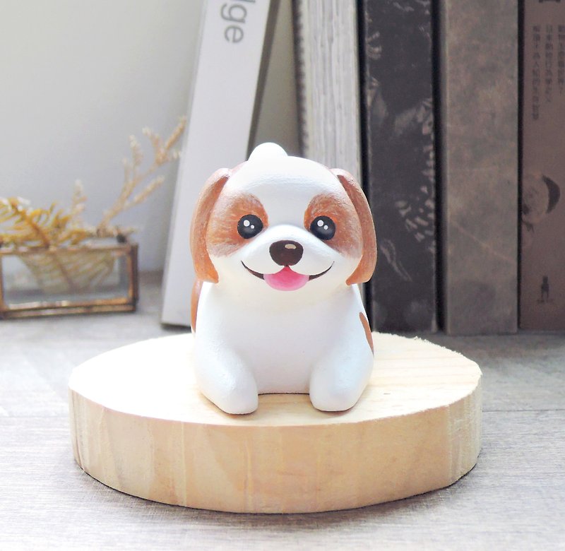 King Charles beagle ornaments business card holder mobile phone holder handmade wooden healing small wood carving doll - ของวางตกแต่ง - ไม้ สีกากี