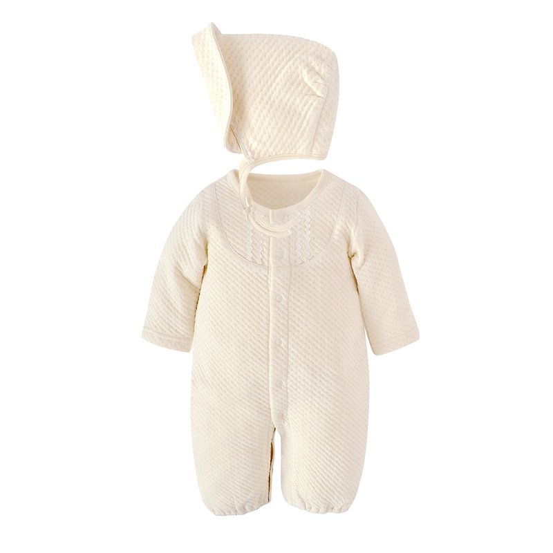 【SISSO有機棉】皇家緹花空氣棉兔裝帽帽組 3M - 嬰兒連身衣/包被/包巾 - 棉．麻 白色