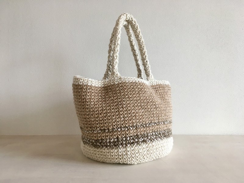 麻ひもバッグ Khaki & white - 手提包/手提袋 - 棉．麻 卡其色