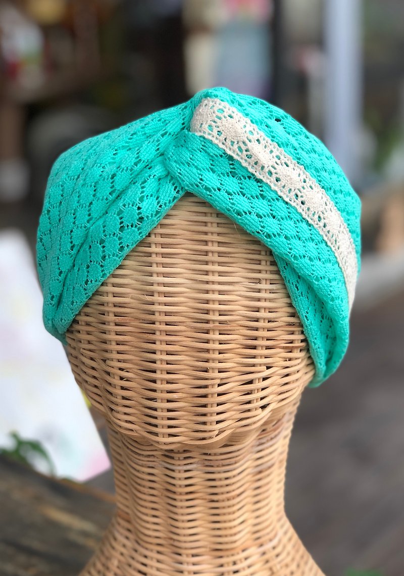 Lace Dongdong Lake Water Green Hairband Handmade - Hair Accessories - Cotton & Hemp Green