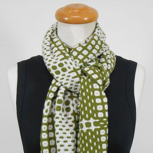 慢手做 梭織 手工圍巾-100%美麗諾羊毛圍巾06橄綠x白