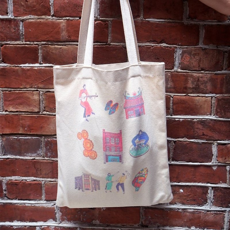 Illustrator's hand road CHIU ROAD Dadaocheng public art festival canvas bag - Messenger Bags & Sling Bags - Cotton & Hemp Khaki