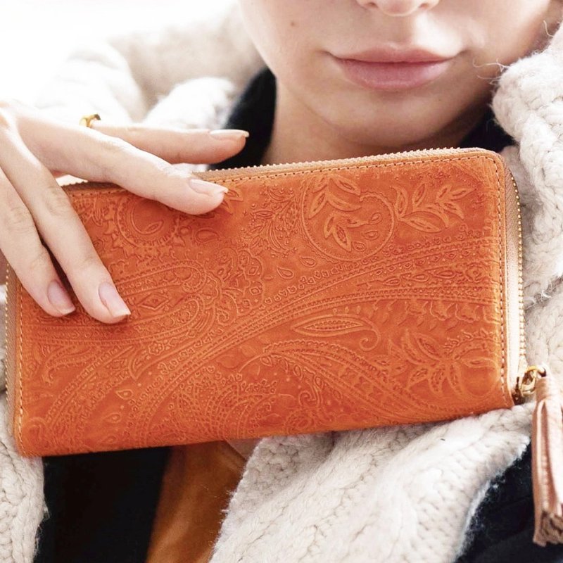 Botanical Paisley Long Wallet Cowhide Leather Round Zip Wallet Made in Japan [Orange] TOW005 - กระเป๋าสตางค์ - หนังแท้ สีส้ม