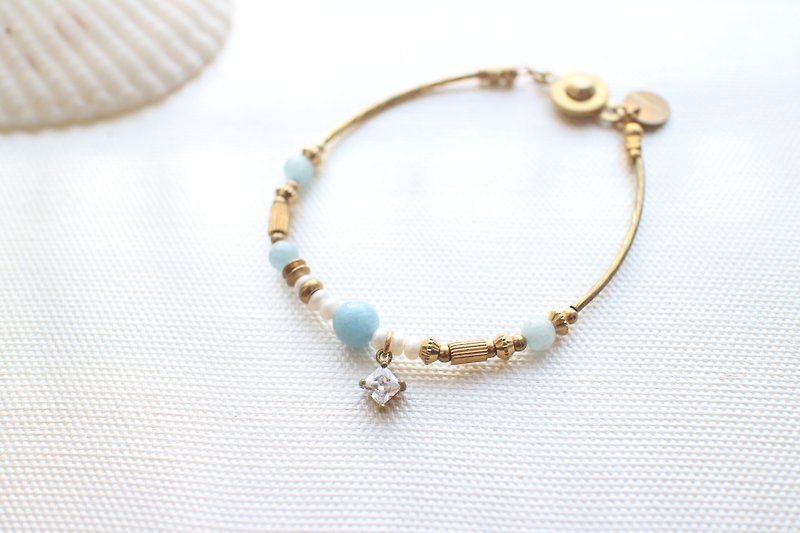 Aquamarine pearl zircon brass handmade bracelet - Bracelets - Gemstone 