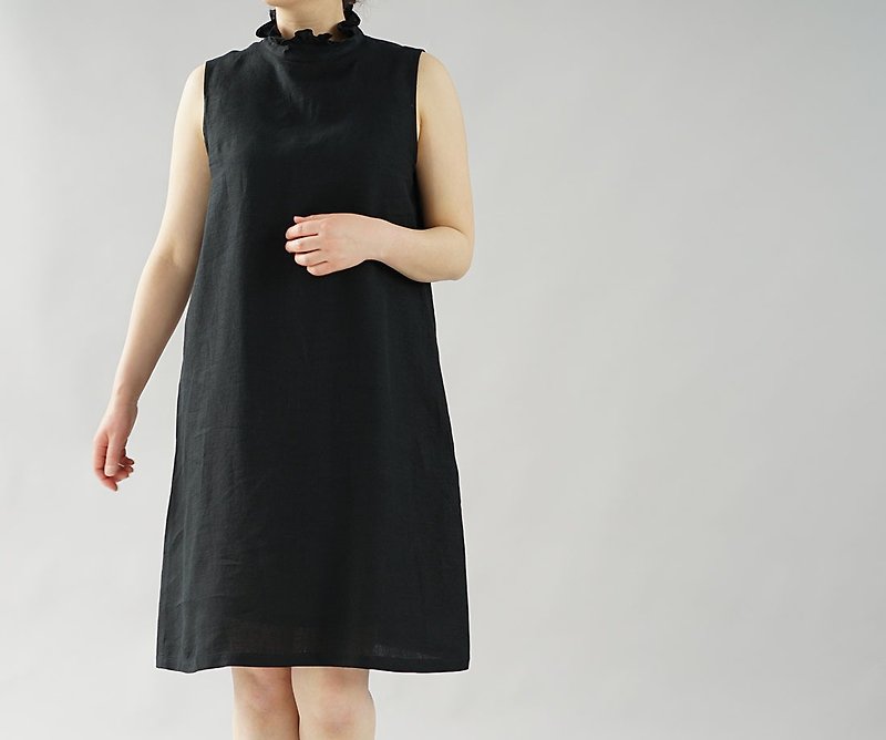 wafu - 純亞麻 衬裙 Lightweight Linen Ruffle-neck Inner Dress / Black p009a-bck2 - ชุดเดรส - ลินิน สีดำ